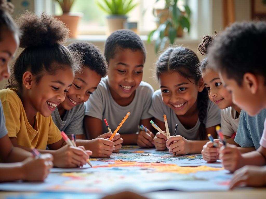Bambini di diverse culture in laboratorio artistico
